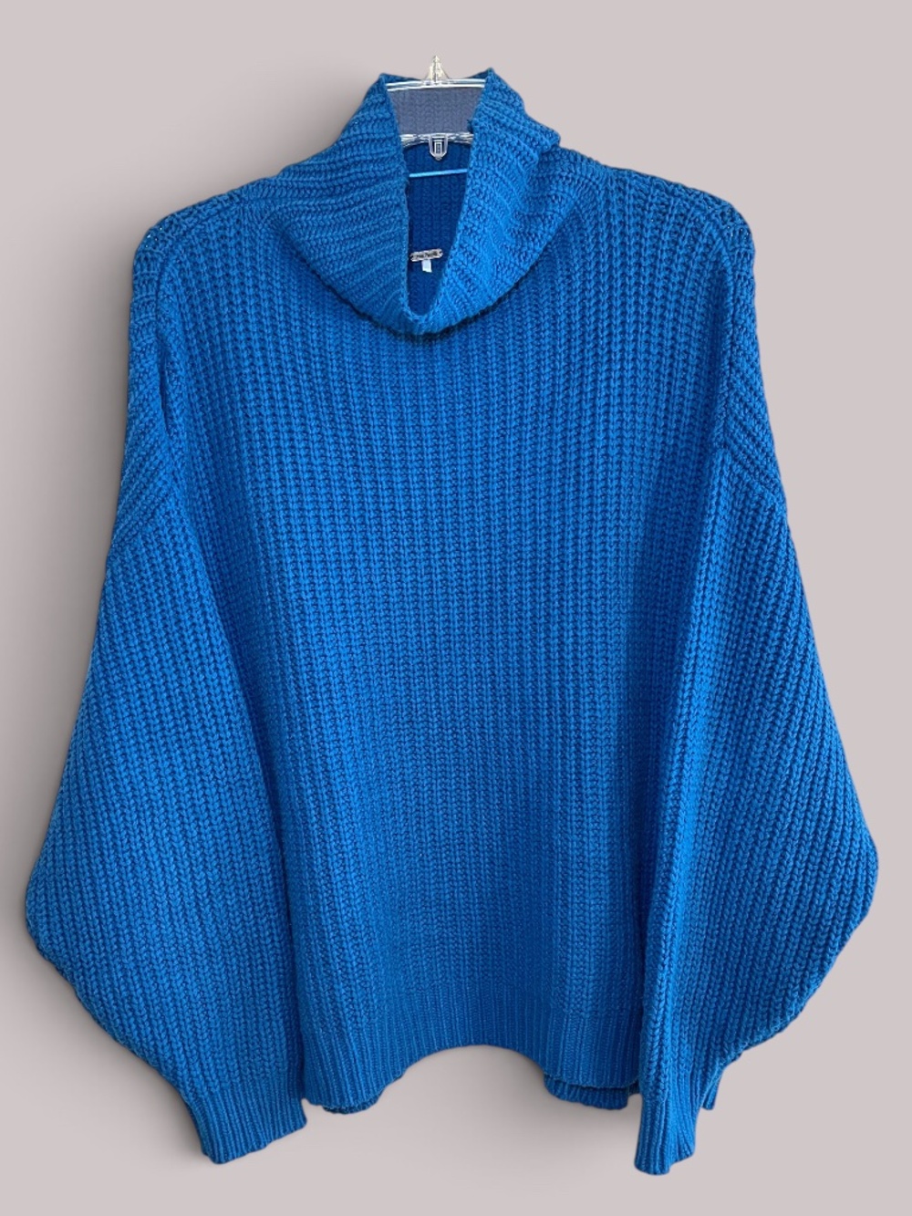 Free People Swim Too Deep Oversized Mykonos Blue Knit Turtleneck Sweater Size M